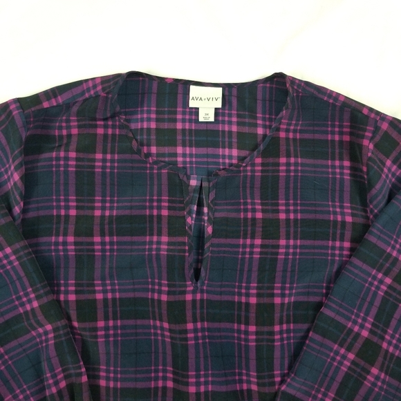 Ava Viv Pink Blue Plaid Tunic V-neck Blouse Women Peasant Top Size 2X - Picture 5 of 7